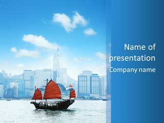 A Boat With Red Sails In A Body Of Water With A City In The Background PowerPoint Template