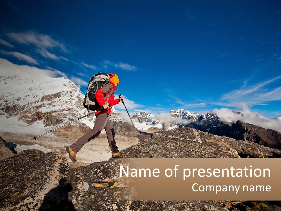 A Man Hiking Up A Mountain With A Backpack PowerPoint Template