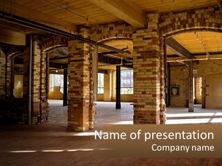 A Large Room With Brick Pillars And Windows PowerPoint Template