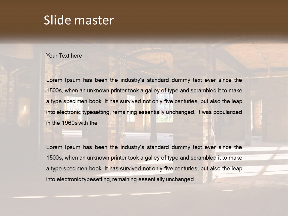 A Large Room With Brick Pillars And Windows PowerPoint Template