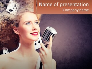 A Woman Holding A Microphone In Front Of Her Face PowerPoint Template