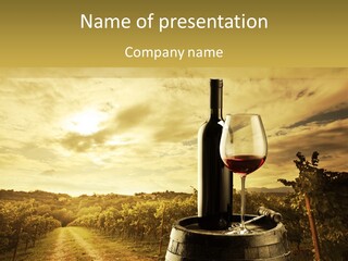 A Bottle Of Wine And A Glass Of Wine On A Barrel PowerPoint Template