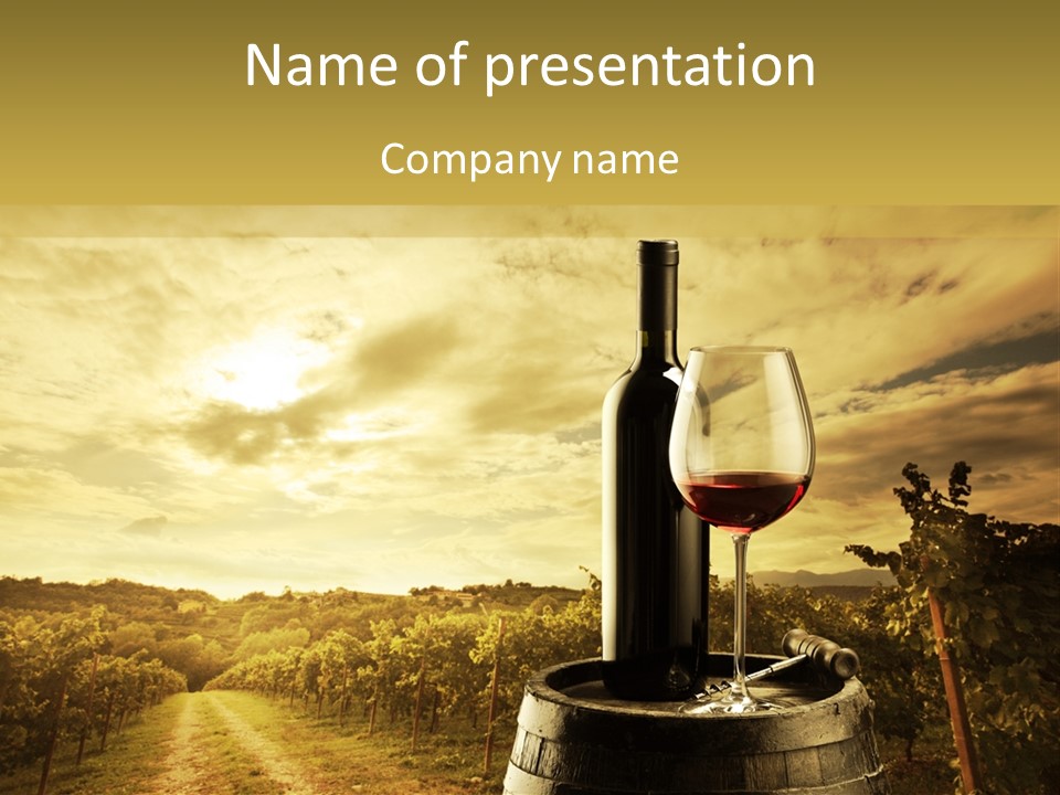 A Bottle Of Wine And A Glass Of Wine On A Barrel PowerPoint Template