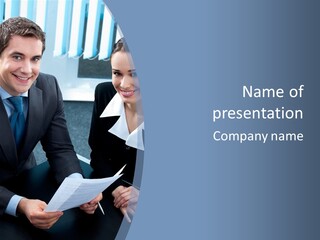 A Man And Woman Sitting At A Desk With Papers In Front Of Them PowerPoint Template
