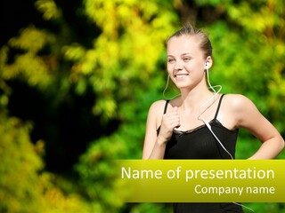 A Young Woman Is Listening To Music With Headphones PowerPoint Template