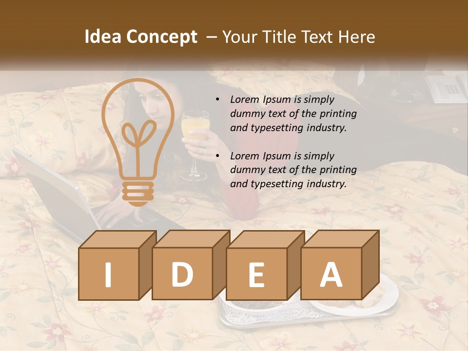 A Woman Laying On A Bed With A Laptop And A Glass Of Orange Juice PowerPoint Template