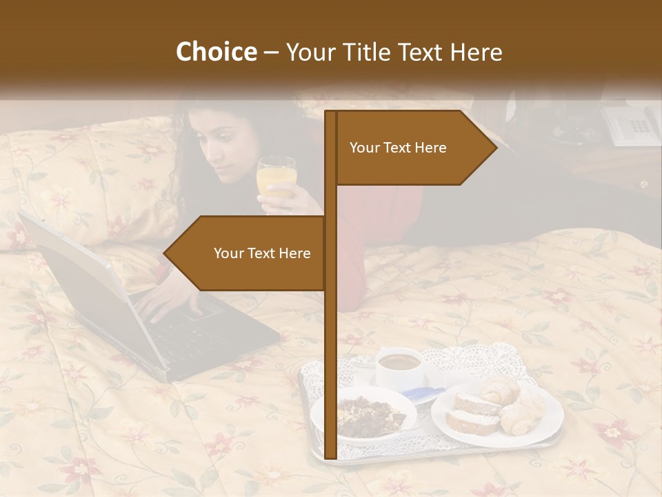 A Woman Laying On A Bed With A Laptop And A Glass Of Orange Juice PowerPoint Template