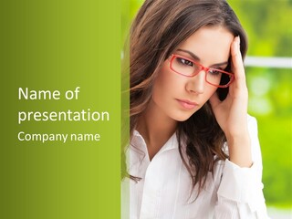 A Woman With Red Glasses Is Holding Her Head PowerPoint Template