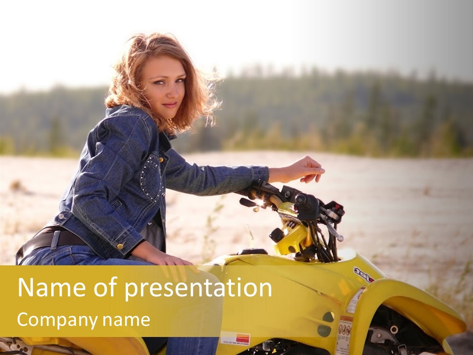 A Woman Is Sitting On A Yellow Motorcycle PowerPoint Template
