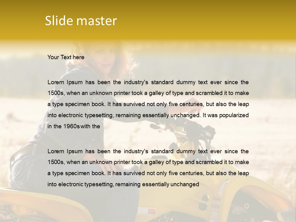 A Woman Is Sitting On A Yellow Motorcycle PowerPoint Template