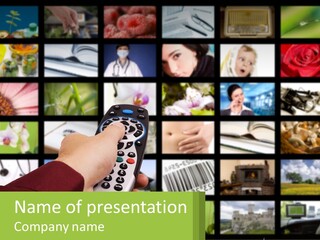 A Person Holding A Remote Control In Front Of A Bunch Of Pictures PowerPoint Template