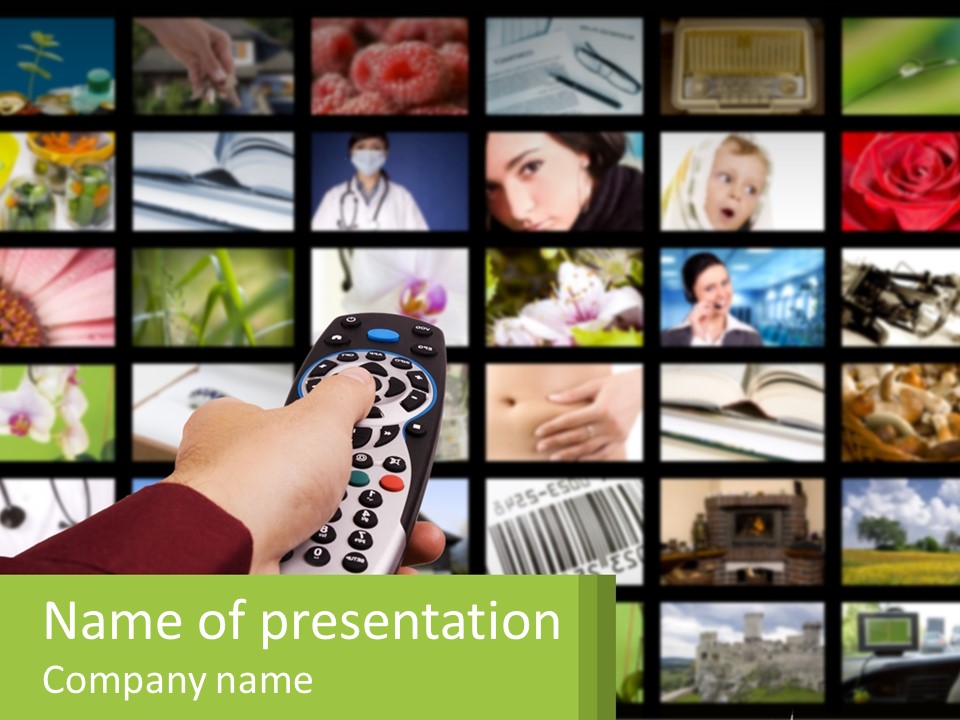 A Person Holding A Remote Control In Front Of A Bunch Of Pictures PowerPoint Template