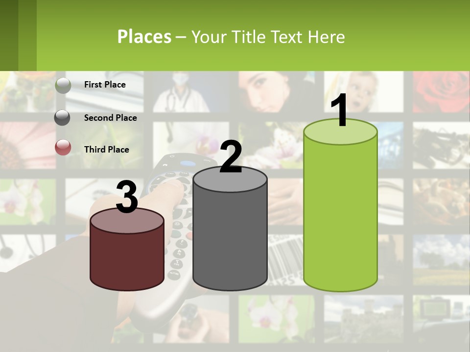 A Person Holding A Remote Control In Front Of A Bunch Of Pictures PowerPoint Template