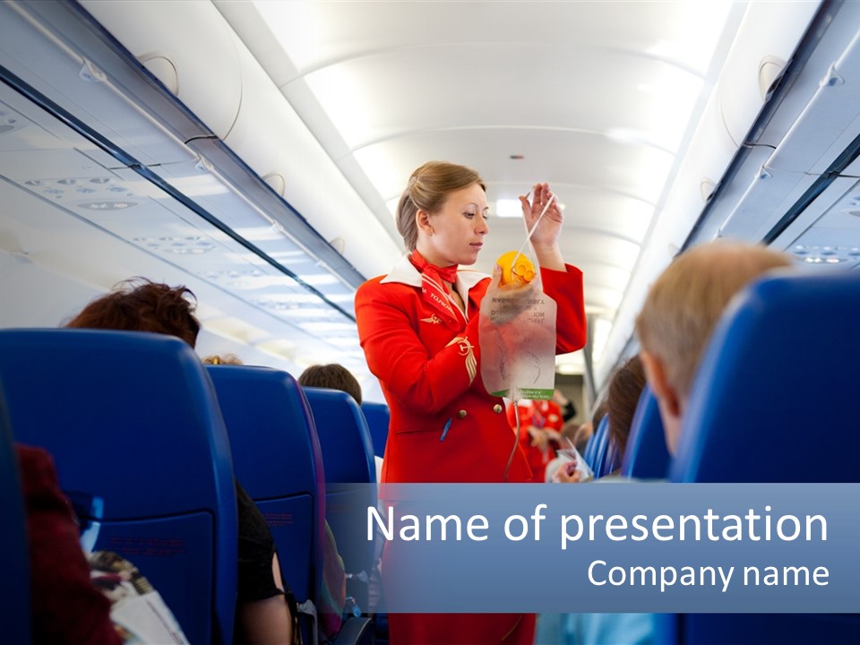 A Woman In A Red Suit Is On An Airplane PowerPoint Template