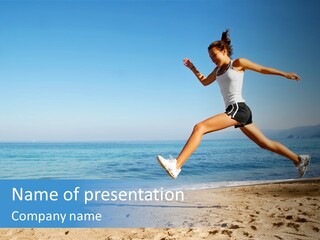 A Woman Running On The Beach With The Ocean In The Background PowerPoint Template