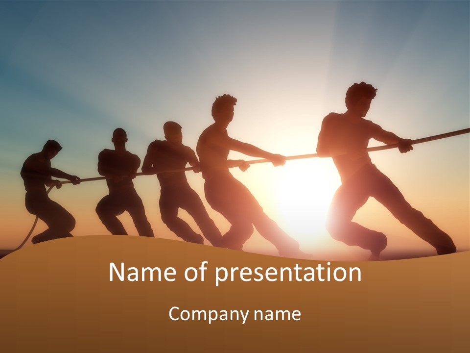 A Group Of People Pulling A Rope On Top Of A Hill PowerPoint Template