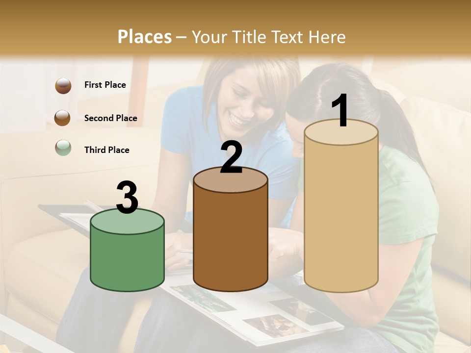 Two Women Sitting On A Couch Looking At A Magazine PowerPoint Template