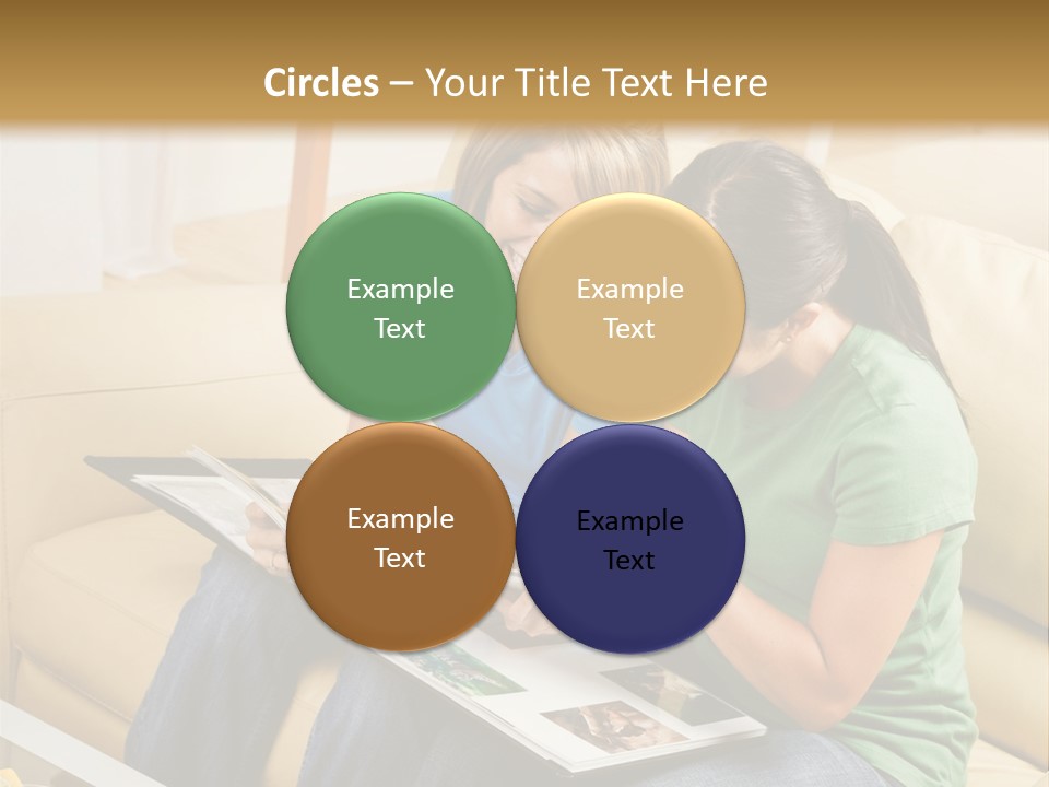 Two Women Sitting On A Couch Looking At A Magazine PowerPoint Template