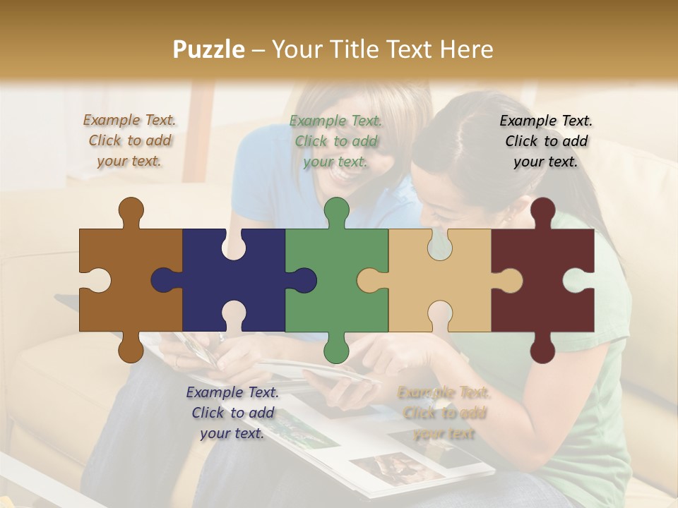 Two Women Sitting On A Couch Looking At A Magazine PowerPoint Template