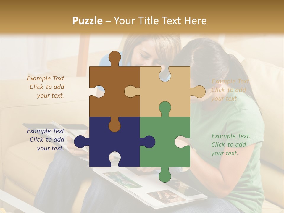 Two Women Sitting On A Couch Looking At A Magazine PowerPoint Template