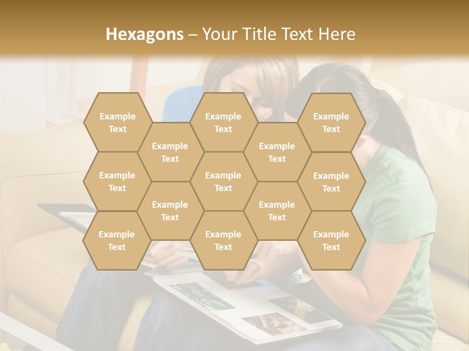 Two Women Sitting On A Couch Looking At A Magazine PowerPoint Template