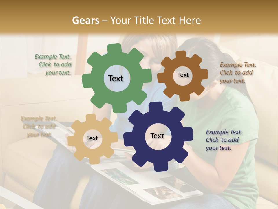 Two Women Sitting On A Couch Looking At A Magazine PowerPoint Template