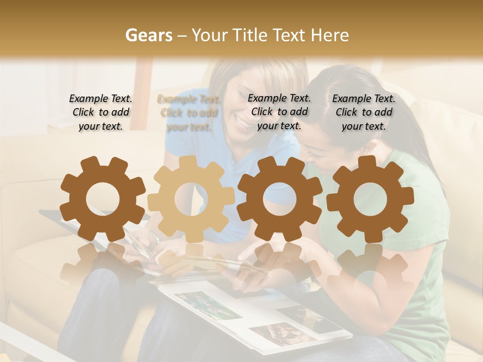 Two Women Sitting On A Couch Looking At A Magazine PowerPoint Template