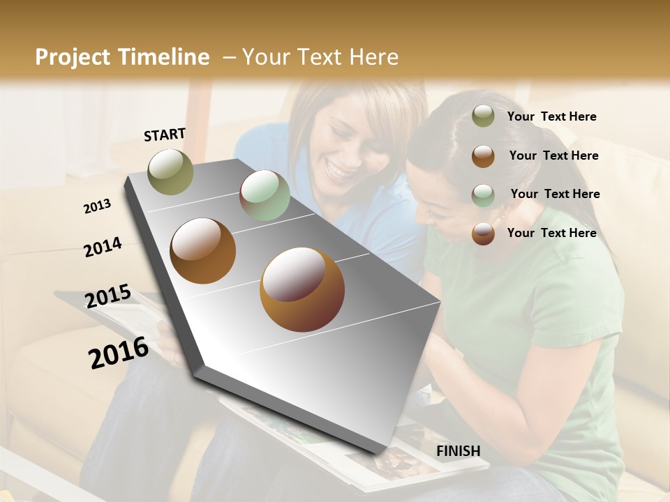 Two Women Sitting On A Couch Looking At A Magazine PowerPoint Template
