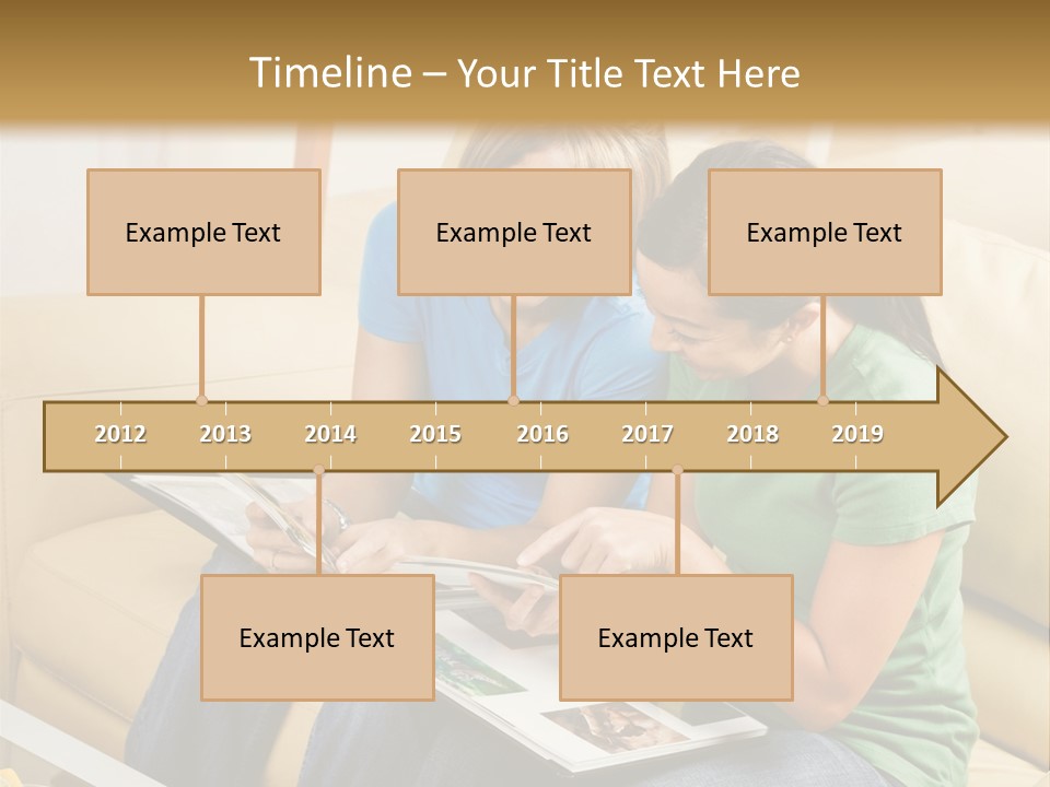 Two Women Sitting On A Couch Looking At A Magazine PowerPoint Template