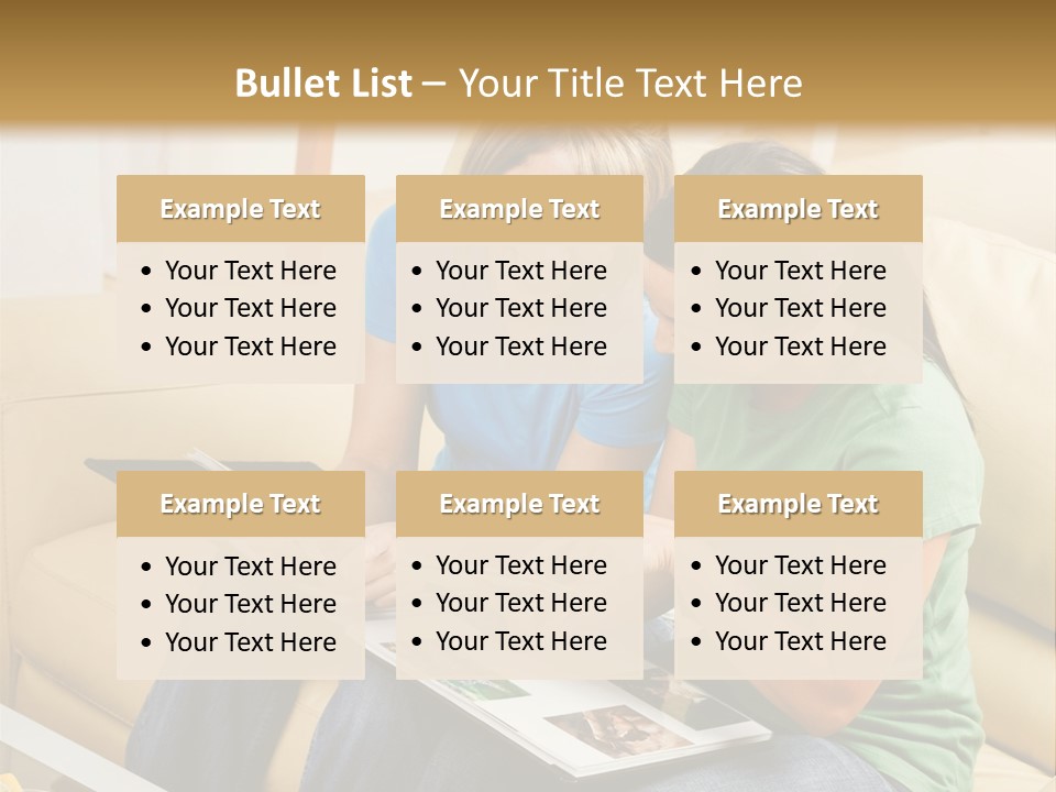 Two Women Sitting On A Couch Looking At A Magazine PowerPoint Template