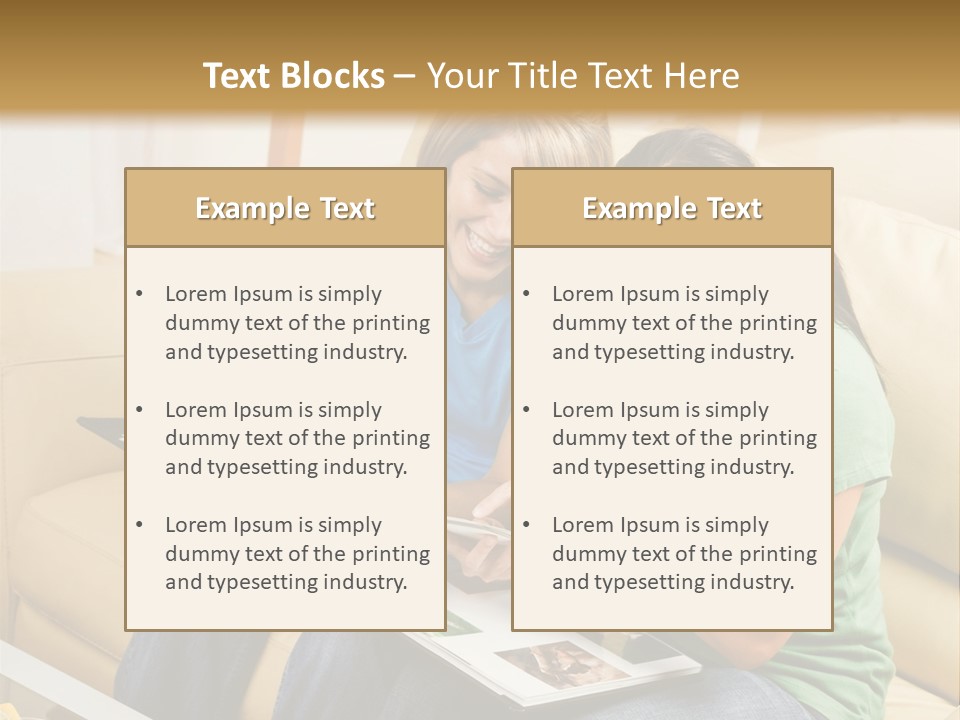 Two Women Sitting On A Couch Looking At A Magazine PowerPoint Template