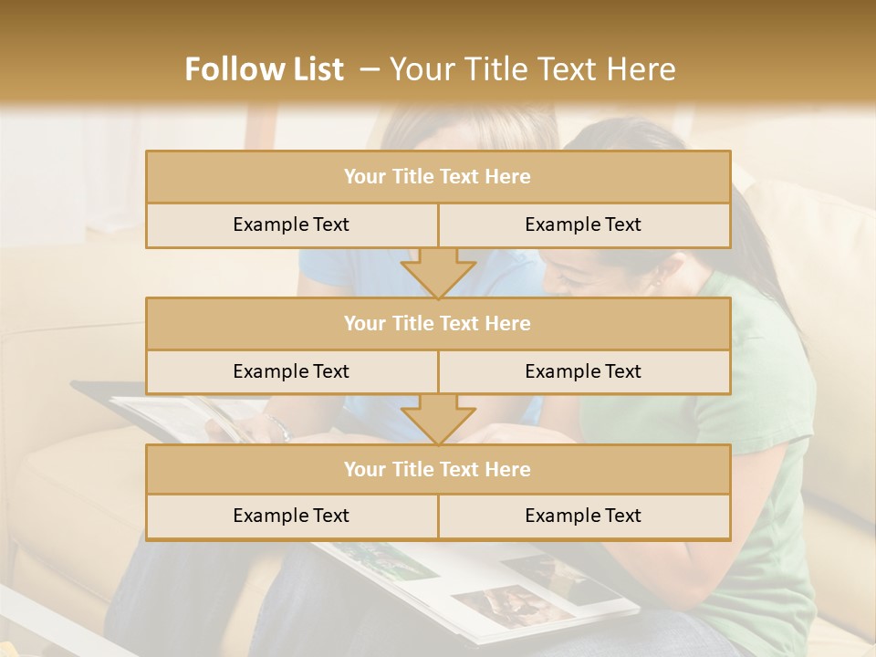 Two Women Sitting On A Couch Looking At A Magazine PowerPoint Template