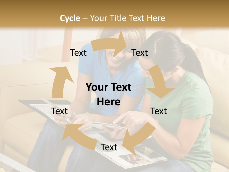 Two Women Sitting On A Couch Looking At A Magazine PowerPoint Template