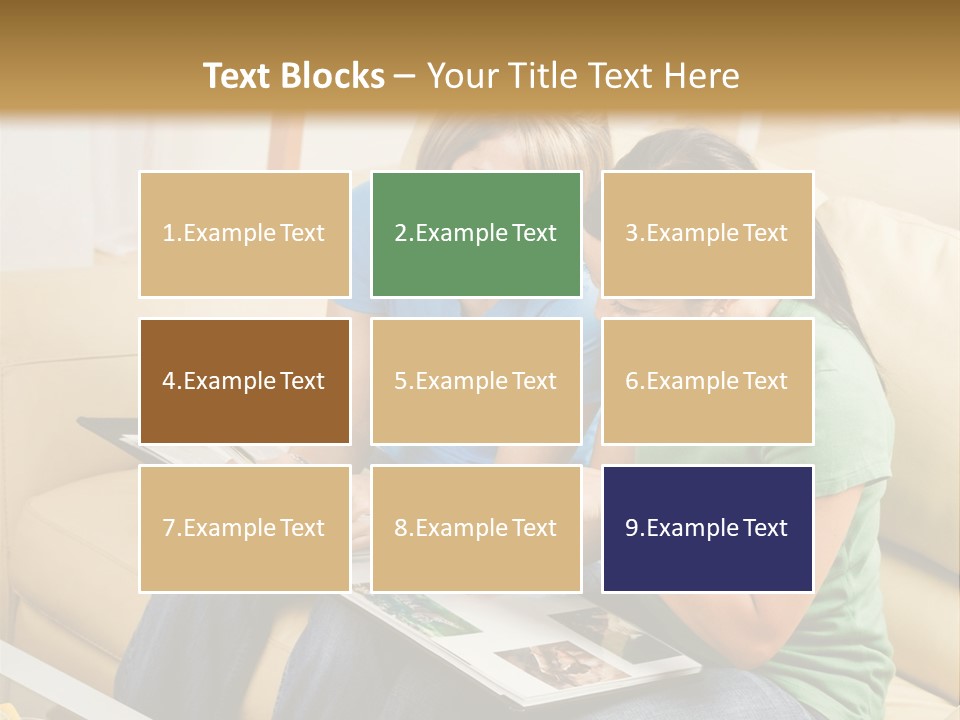 Two Women Sitting On A Couch Looking At A Magazine PowerPoint Template