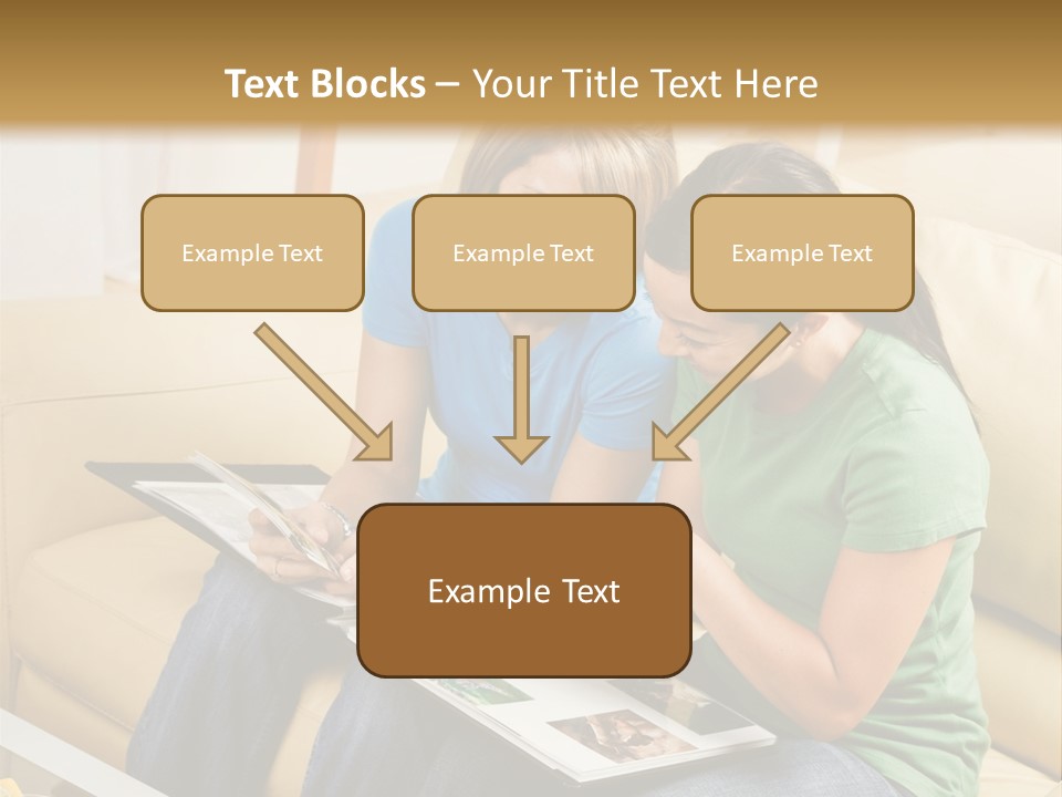 Two Women Sitting On A Couch Looking At A Magazine PowerPoint Template