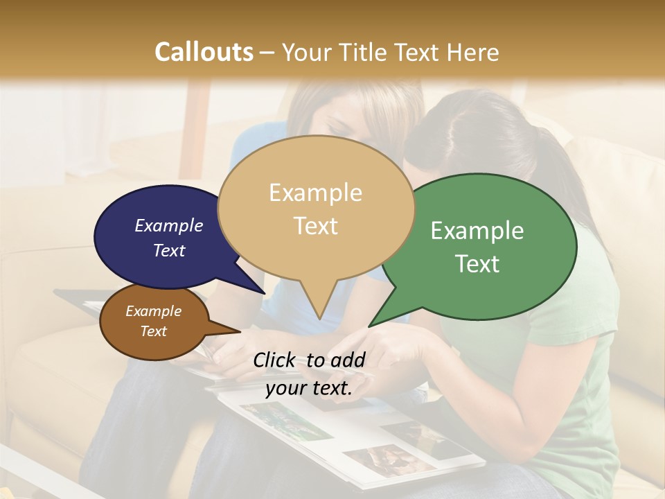 Two Women Sitting On A Couch Looking At A Magazine PowerPoint Template