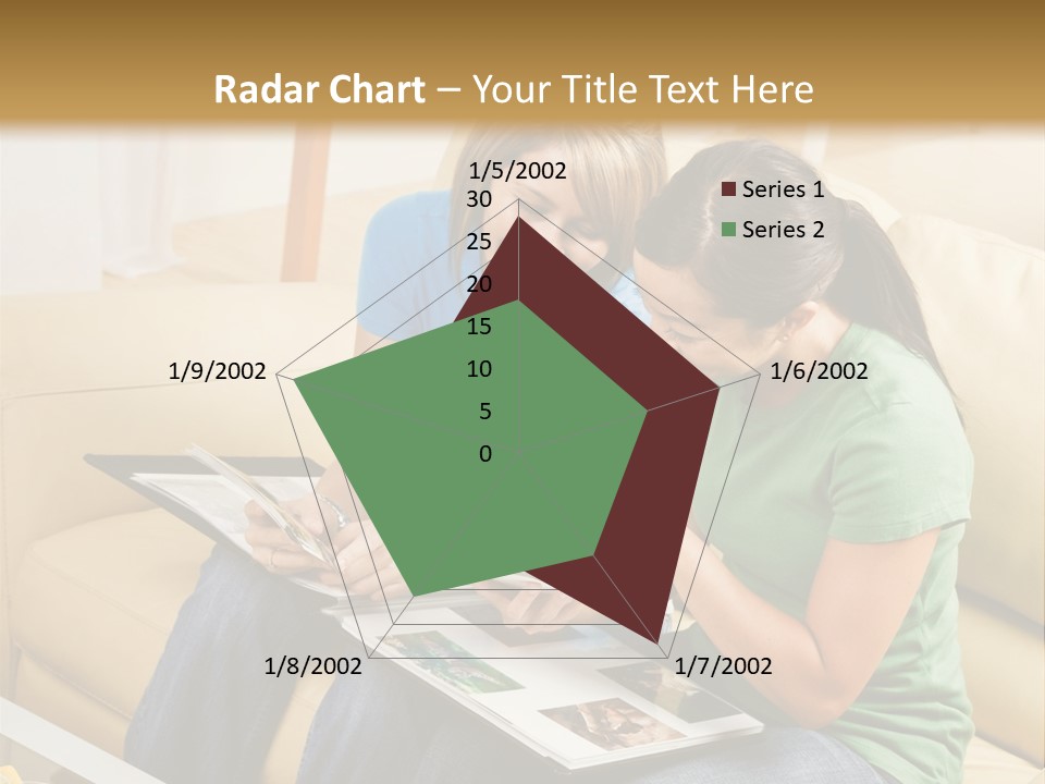 Two Women Sitting On A Couch Looking At A Magazine PowerPoint Template
