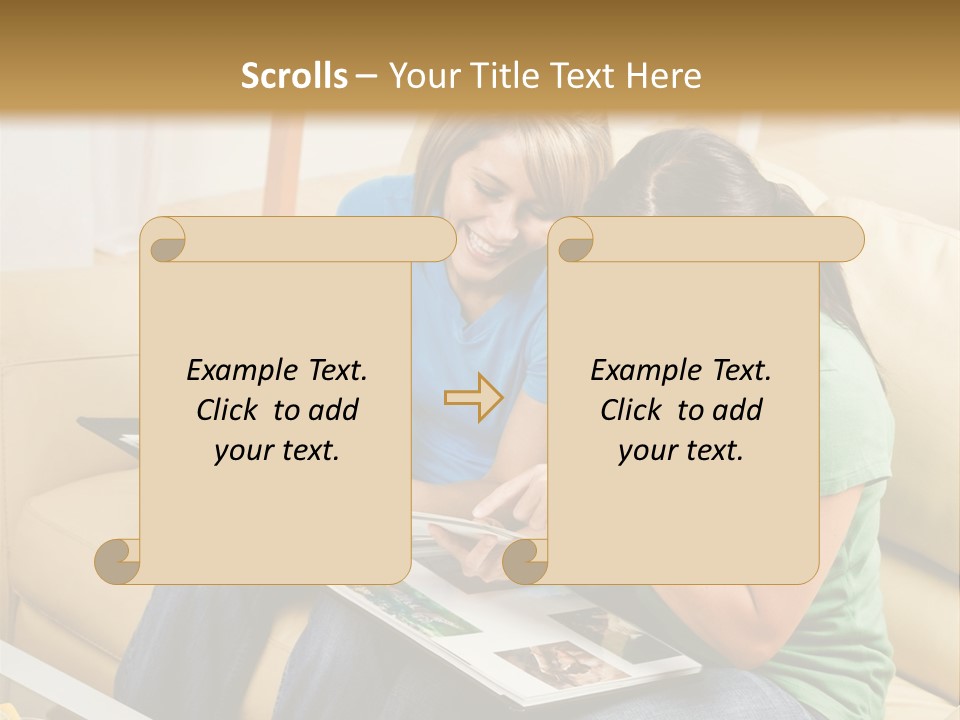 Two Women Sitting On A Couch Looking At A Magazine PowerPoint Template
