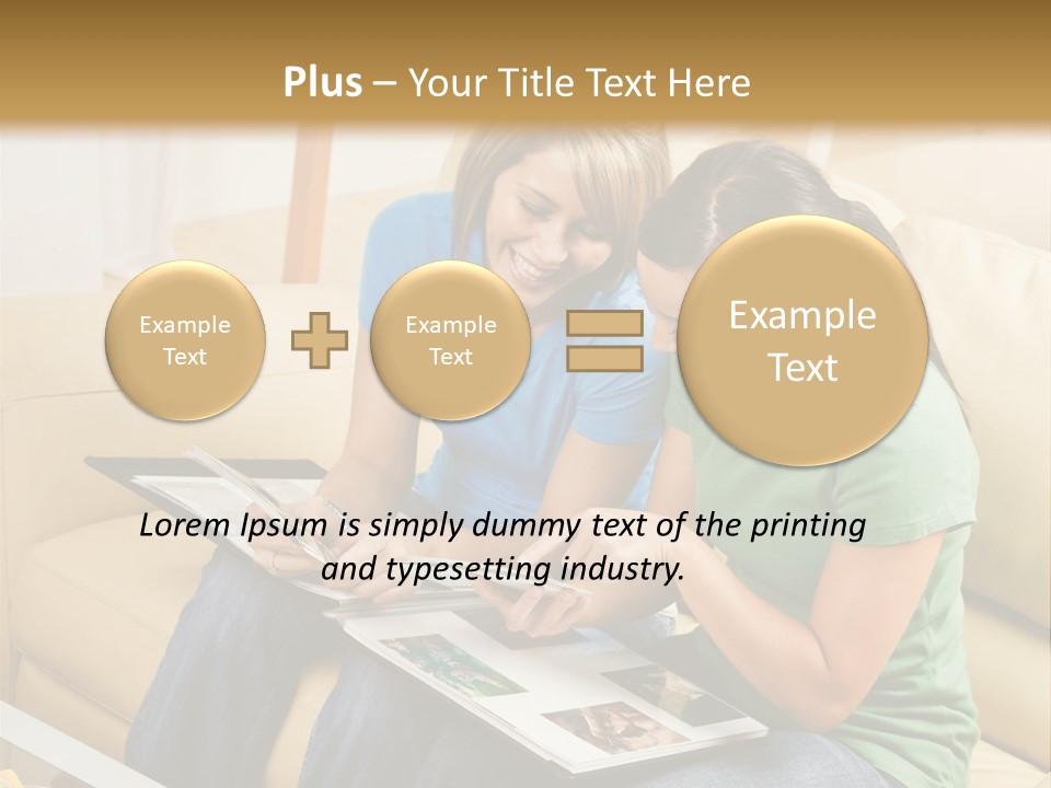 Two Women Sitting On A Couch Looking At A Magazine PowerPoint Template