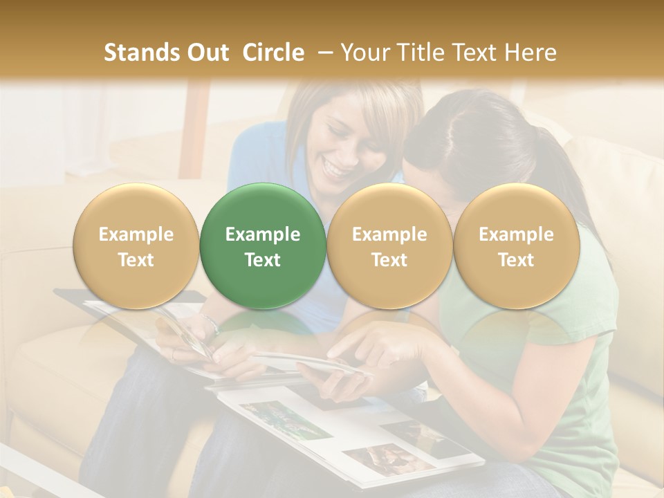 Two Women Sitting On A Couch Looking At A Magazine PowerPoint Template