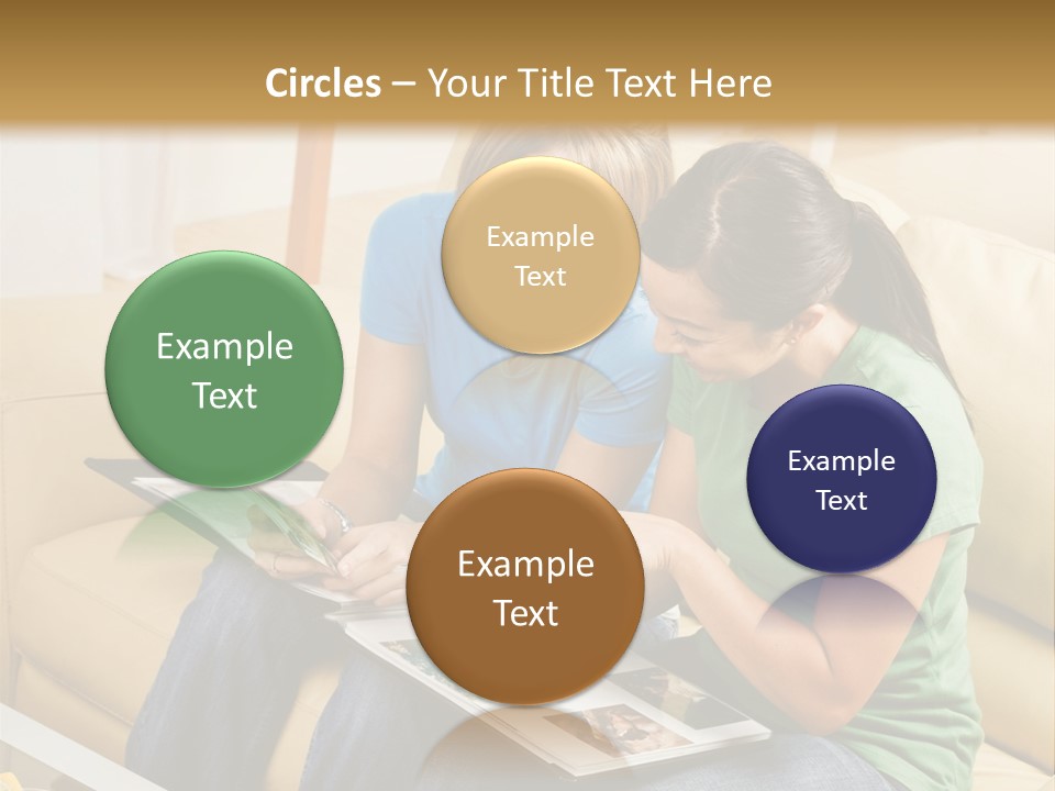 Two Women Sitting On A Couch Looking At A Magazine PowerPoint Template