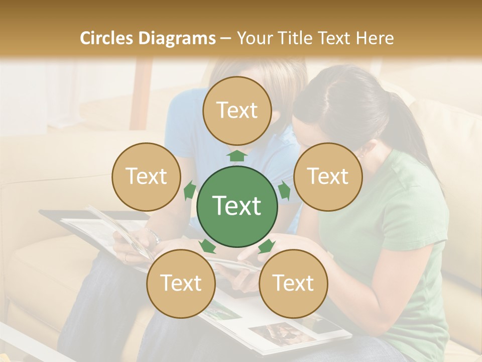 Two Women Sitting On A Couch Looking At A Magazine PowerPoint Template