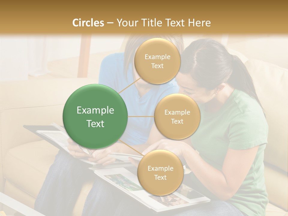 Two Women Sitting On A Couch Looking At A Magazine PowerPoint Template