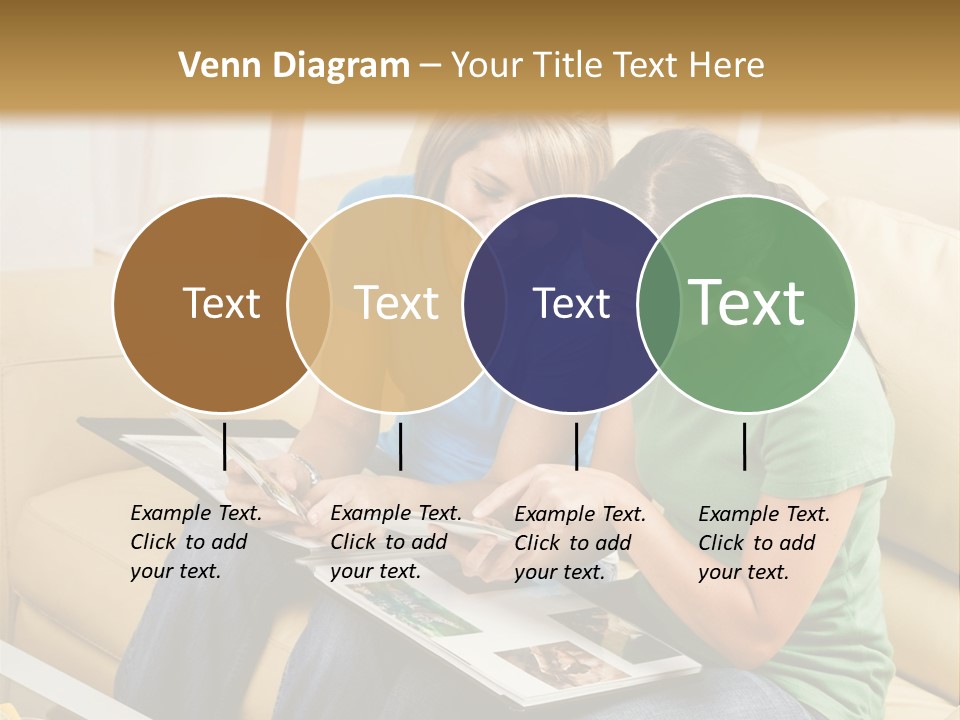 Two Women Sitting On A Couch Looking At A Magazine PowerPoint Template