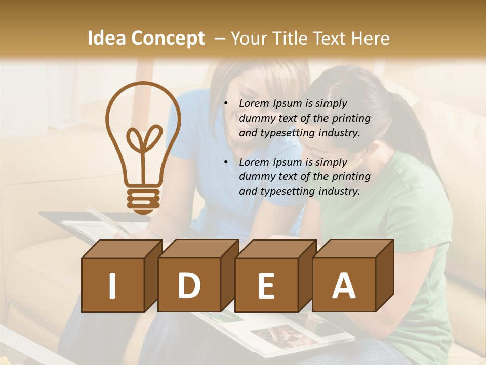 Two Women Sitting On A Couch Looking At A Magazine PowerPoint Template