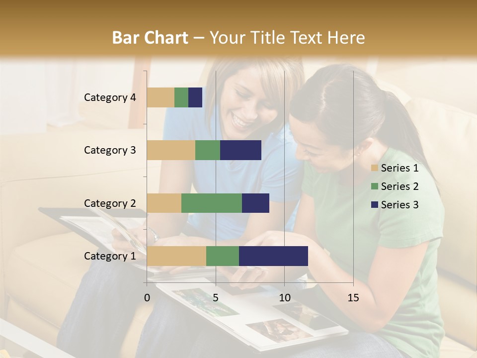 Two Women Sitting On A Couch Looking At A Magazine PowerPoint Template