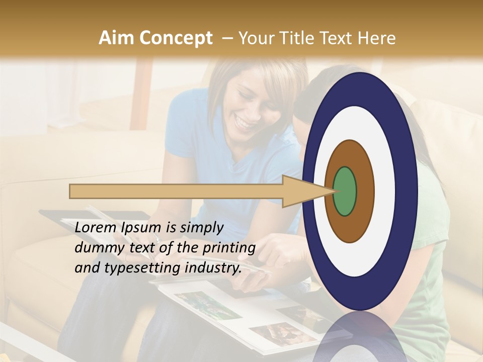 Two Women Sitting On A Couch Looking At A Magazine PowerPoint Template