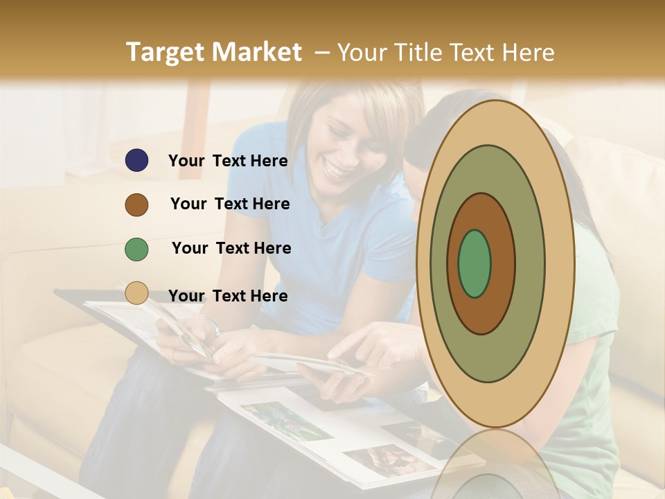 Two Women Sitting On A Couch Looking At A Magazine PowerPoint Template