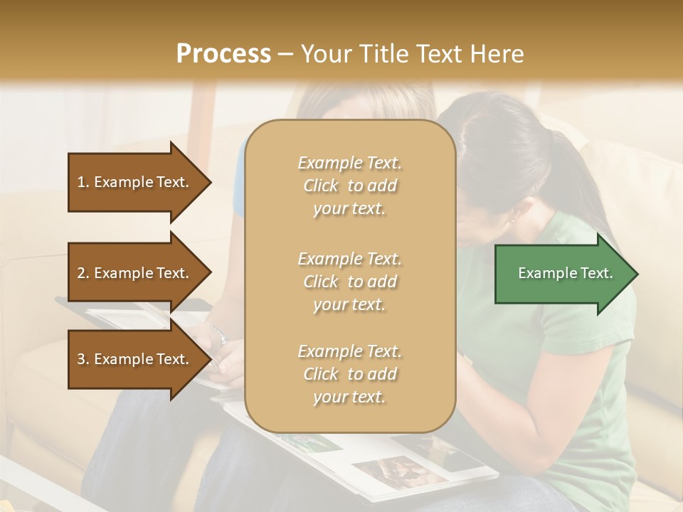 Two Women Sitting On A Couch Looking At A Magazine PowerPoint Template