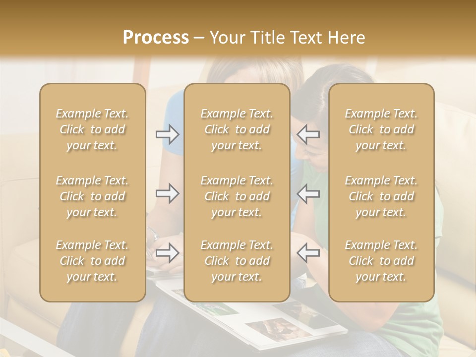 Two Women Sitting On A Couch Looking At A Magazine PowerPoint Template